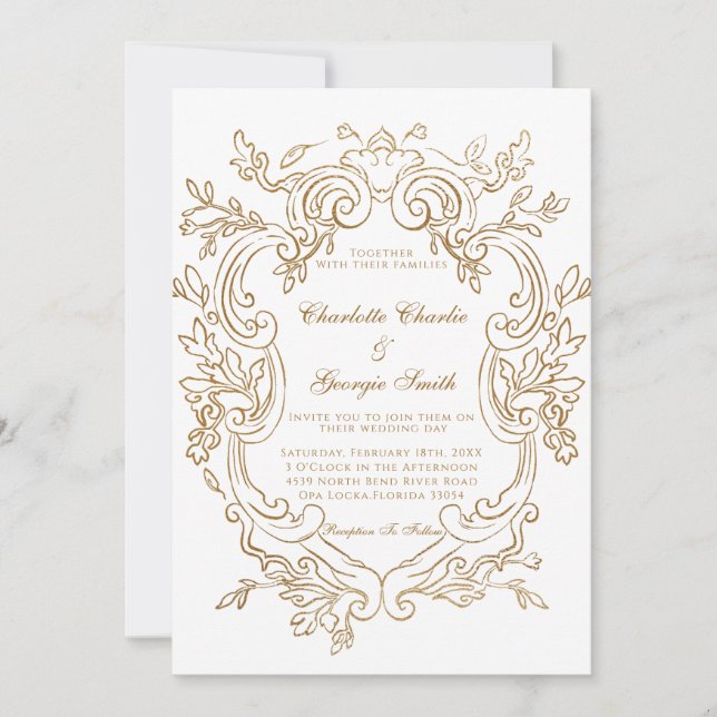 Invitation Elégant Mariage Ornate Or Baroque (Devant)