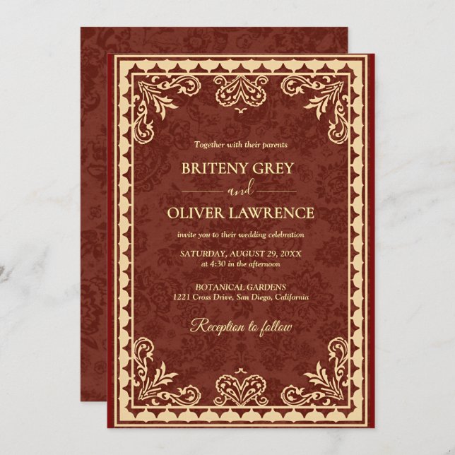 Invitation Élégant Mariage orné de Bourgogne et d'or (Devant / Derrière)