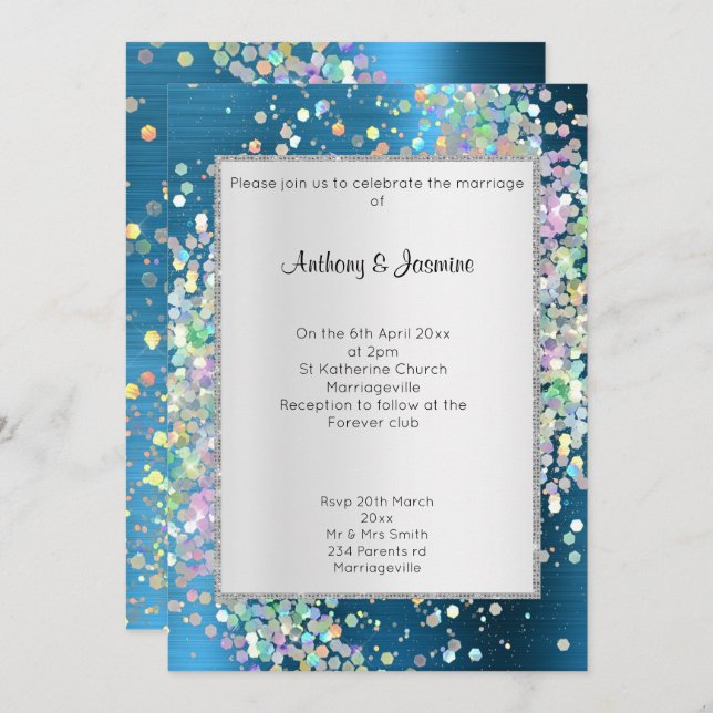 INVITATION ÉLÉGANT MARIAGE PASTEL HOLOGRAPHIQUE BLEU TEXTUÉ (Devant / Derrière)