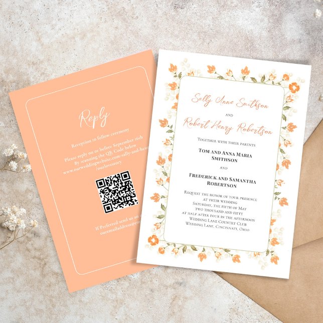 Invitation Élégant Mariage Pêcher Floral Calligraphie Script (Elegant peach floral wedding invitation with RSVP and QR code on the backside. )