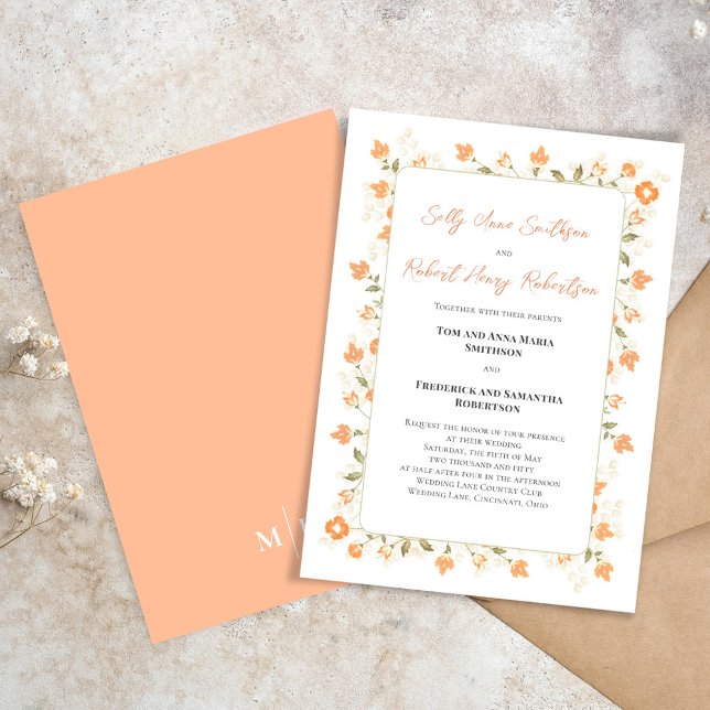 Invitation Élégant Mariage Pêcher Floral Calligraphie Script (Elegant peach floral wedding invitation with a monogram on the backside. )