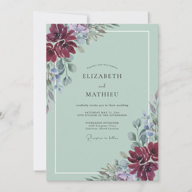 Invitation Élégant mariage peint Pervenche bordeaux (Devant)