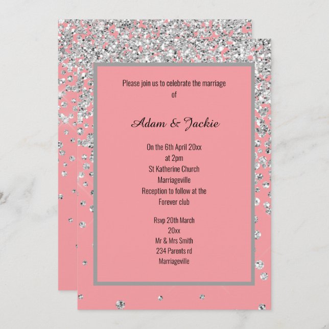 INVITATION ÉLÉGANT MARIAGE PERSONNALISÉ EN ARGENT ROSE DOUCE (Devant / Derrière)