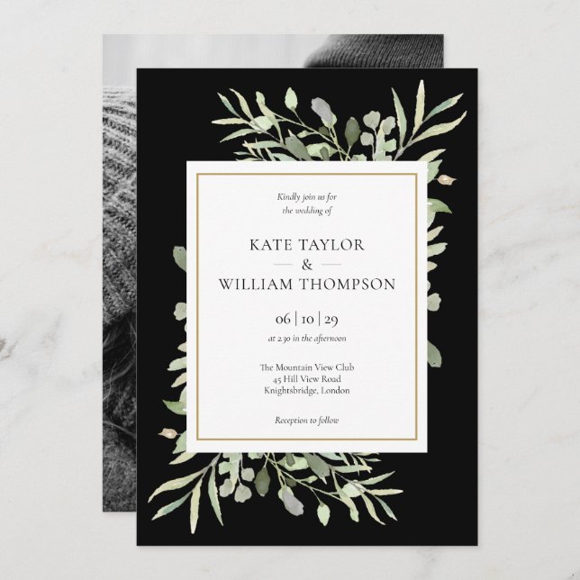 Invitation Élégant Mariage photo Black and Gold (Devant / Derrière)