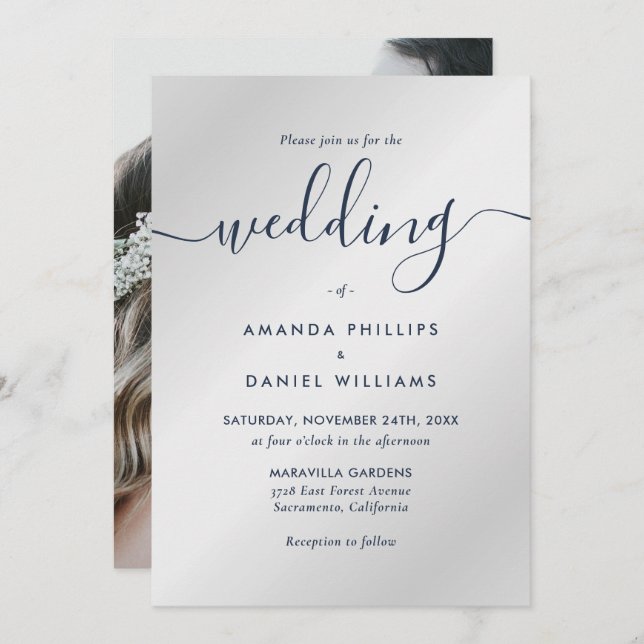 Invitation Élégant Mariage photo bleu et argent de la marine  (Devant / Derrière)