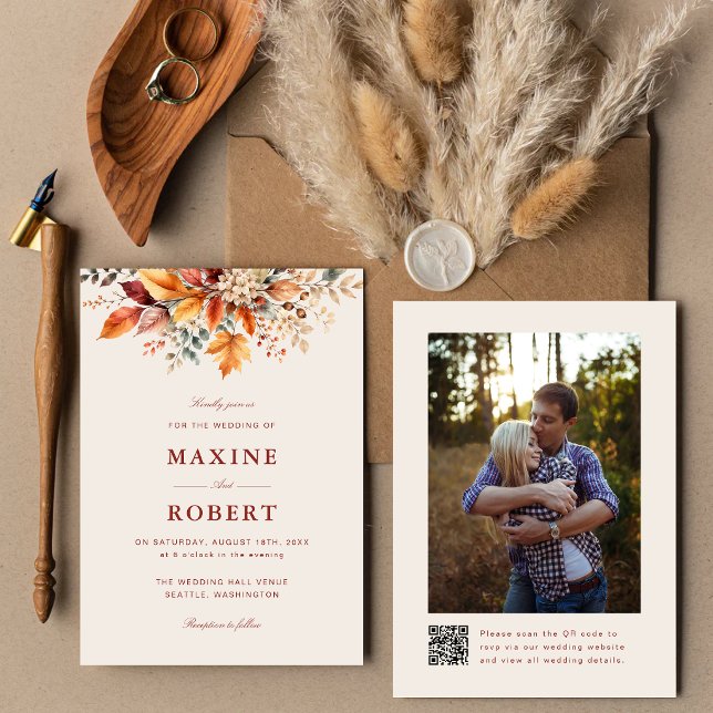 Invitation Élégant mariage photo code QR aquarelle automne (Elegant autumn watercolor QR code photo invitation keeps loved ones connected.)