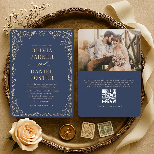 Invitation Élégant Mariage Photo Code QR Bleu Nuit Or (Créateur téléchargé)