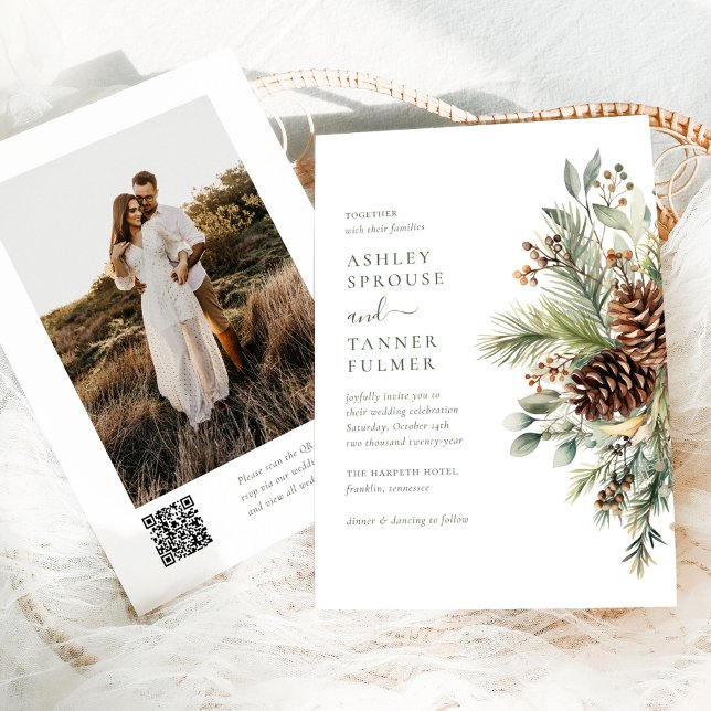 Invitation Élégant mariage photo code QR de verdure de pin d' (Créateur téléchargé)