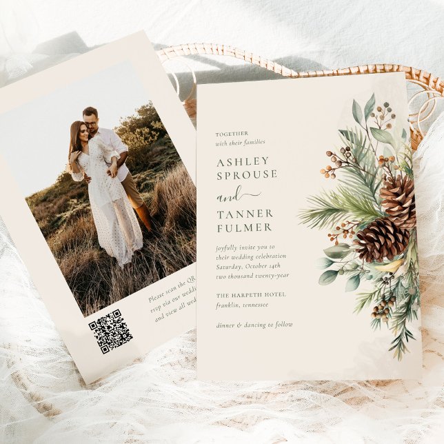 Invitation Élégant mariage photo code QR de verdure de pin d' (Créateur téléchargé)