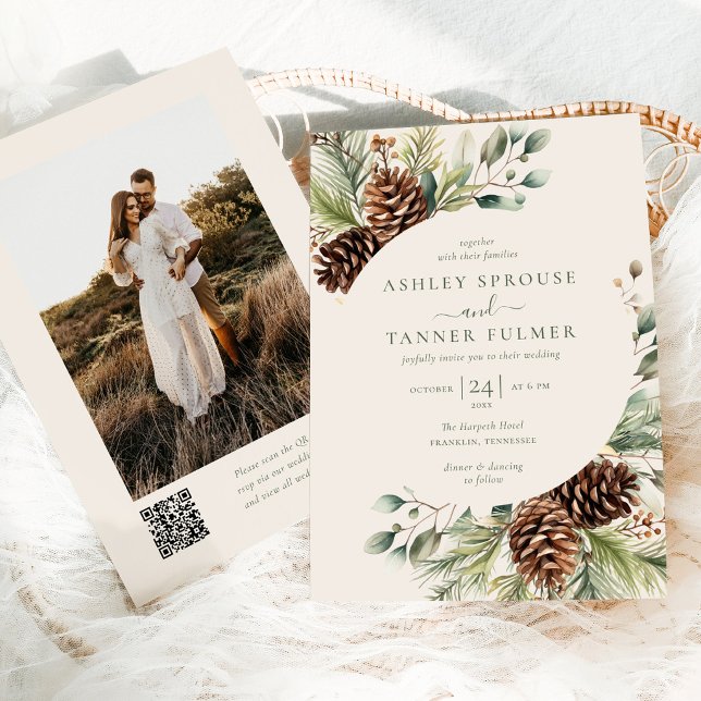 Invitation Élégant mariage photo code QR de verdure de pin d' (Créateur téléchargé)