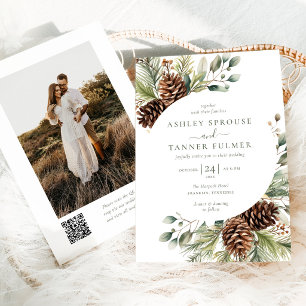 Invitation Élégant Mariage Photo Code QR Épinette Verdure d'H