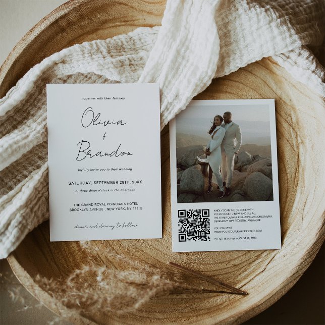 Invitation Élégant Mariage photo de cadre de code QR manuscri (Elegant Handwritten QR Code Frame Photo Wedding Invitation)