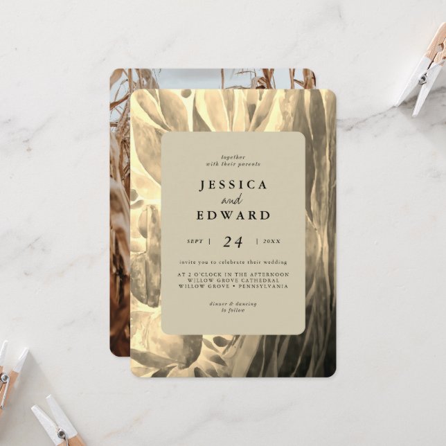 Invitation Élégant Mariage photo de feuillage noir et doré (Devant/Arrière en situation)