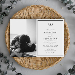 Invitation Élégant Mariage photo de Monogramme noir et blanc