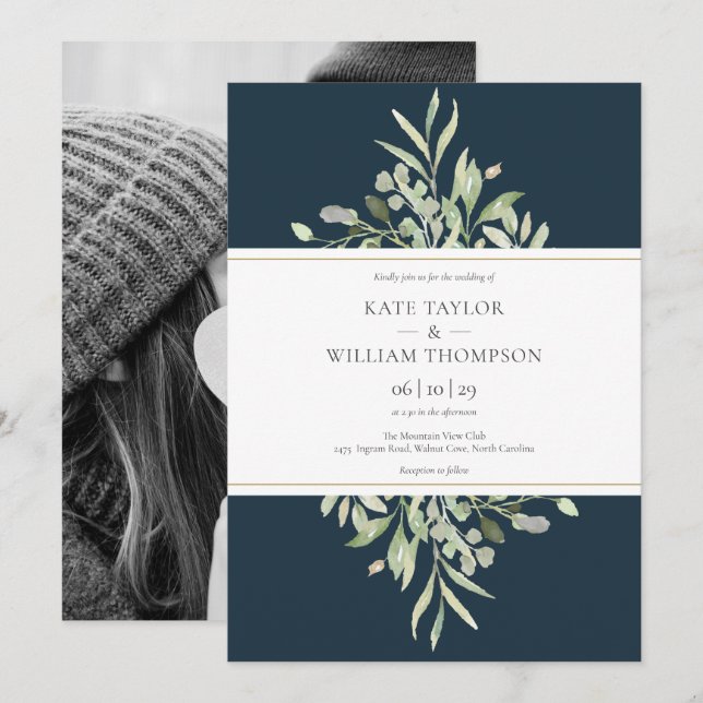 Invitation Élégant mariage photo de verdure de bleu de mer pr (Devant / Derrière)