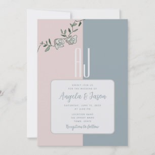 Invitation Élégant Mariage Photo Floral Bleu Poussiéreux et R