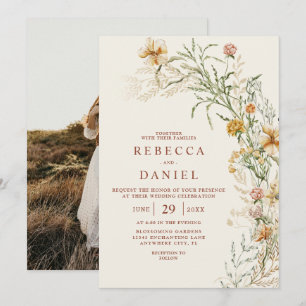 Invitation Élégant Mariage Photo Floral Bohème Beige