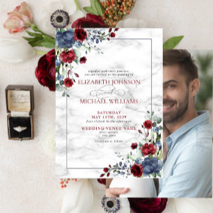 Invitation Elégant Mariage photo floral Dusty Blue Bourgogne