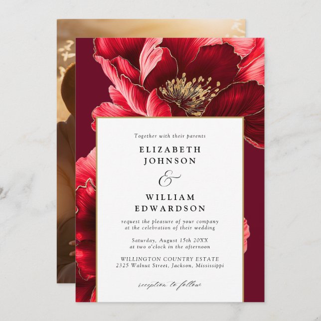 Invitation Élégant Mariage photo Floral Rouge Et Or Bourgogne (Devant / Derrière)