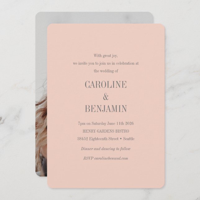 Invitation Élégant Mariage photo moderne Blush Grey (Devant / Derrière)