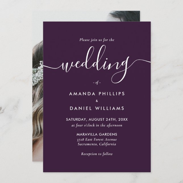 Invitation Élégant Mariage photo moderne violet (Devant / Derrière)