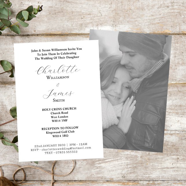 Invitation Élégant Mariage photo noir et blanc Script (Front And Back)