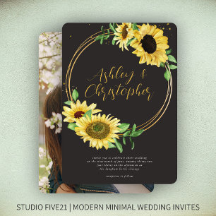 Invitation Élégant Mariage photo noir tournesol rustique