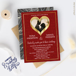 Invitation Élégant Mariage photo personnalisé Chic Red Gold
