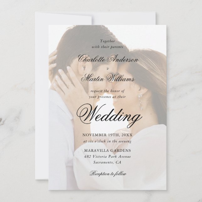 Invitation Élégant Mariage Photo Script Noir et Blanc 2 (Devant)