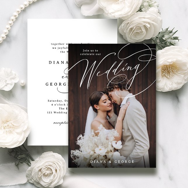 Invitation Élégant mariage photo simple écriture tourbillonna (Elegant swirl script Simple Photo Wedding Invitation)