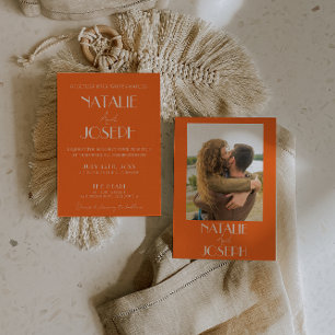 Invitation Élégant Mariage Photo Style Rétro Orange Gras