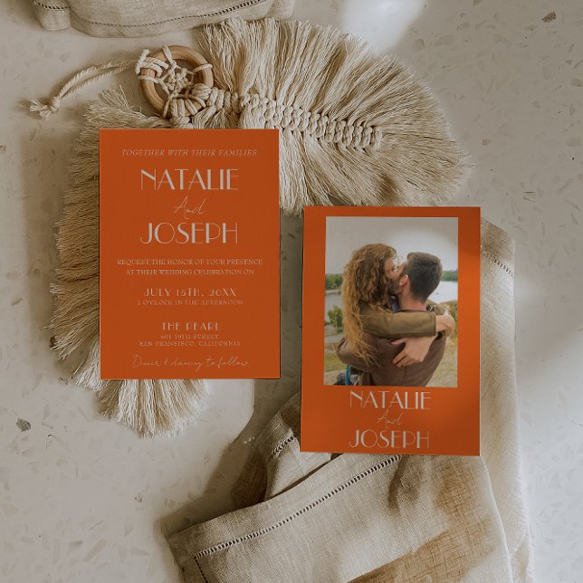 Invitation Élégant Mariage Photo Style Rétro Orange Gras (Créateur téléchargé)