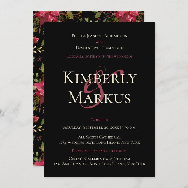 Invitation Elégant Mariage Poinsettia Monogram Claret Rouge (Devant / Derrière)