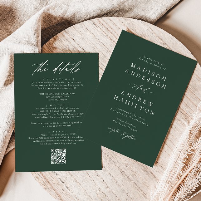 Invitation Élégant Mariage QR Code Tout en Un Vert (Créateur téléchargé)