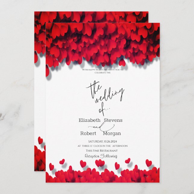 Invitation Élégant Mariage Red Hearts (Devant / Derrière)