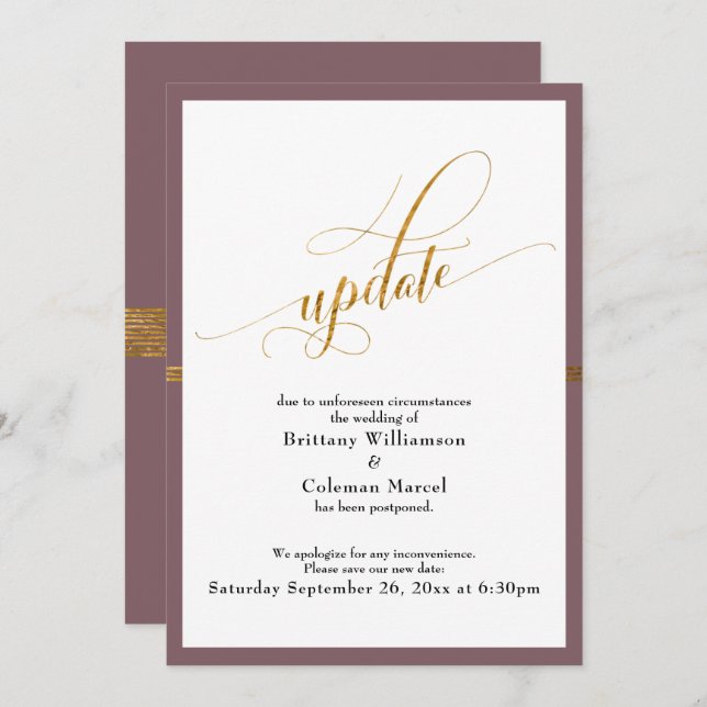 Invitation Elégant Mariage reporté Mauve Gold Stripe Card (Devant / Derrière)