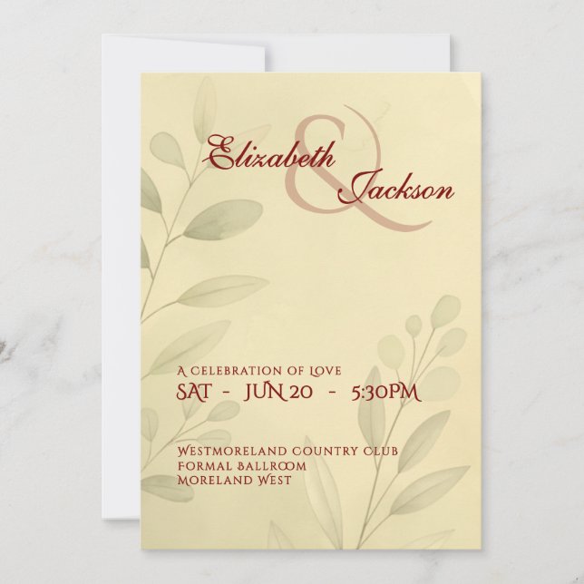 Invitation Élégant Mariage Romantique Douce Écriture Botaniqu (Devant)