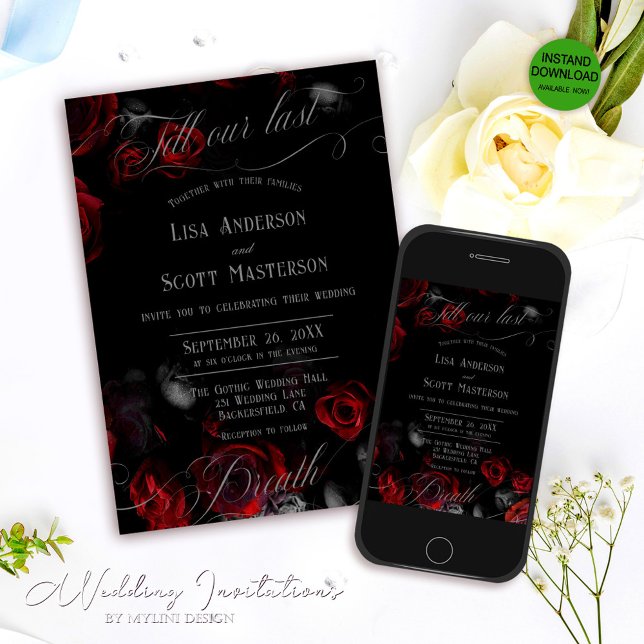 Invitation Élégant Mariage romantique noir rouge floral (Créateur téléchargé)