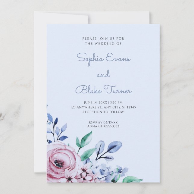 Invitation Elégant Mariage rose et bleu floral Dusty (Devant)