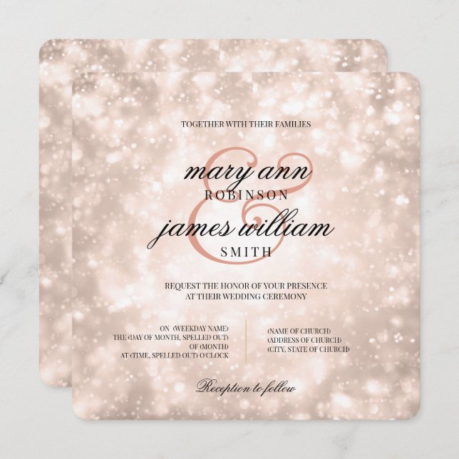 Invitation Elégant mariage Rose Gold Champagne Bokeh (Devant / Derrière)