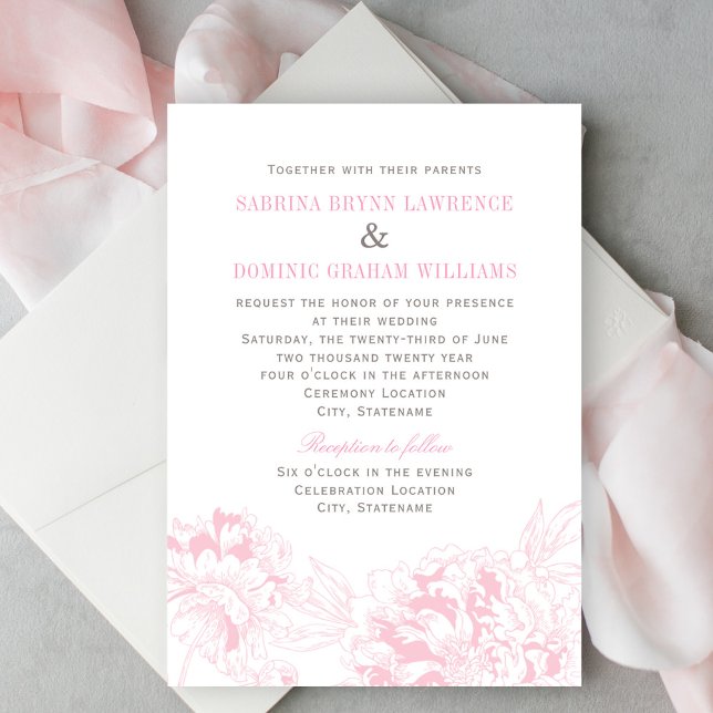 Invitation Élégant Mariage rose gris floral pivoine (Créateur téléchargé)