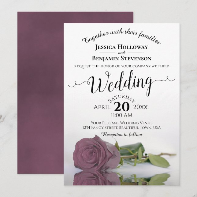 Invitation Élégant Mariage Rose long Stemmed Dusty Rose Mauve (Devant / Derrière)