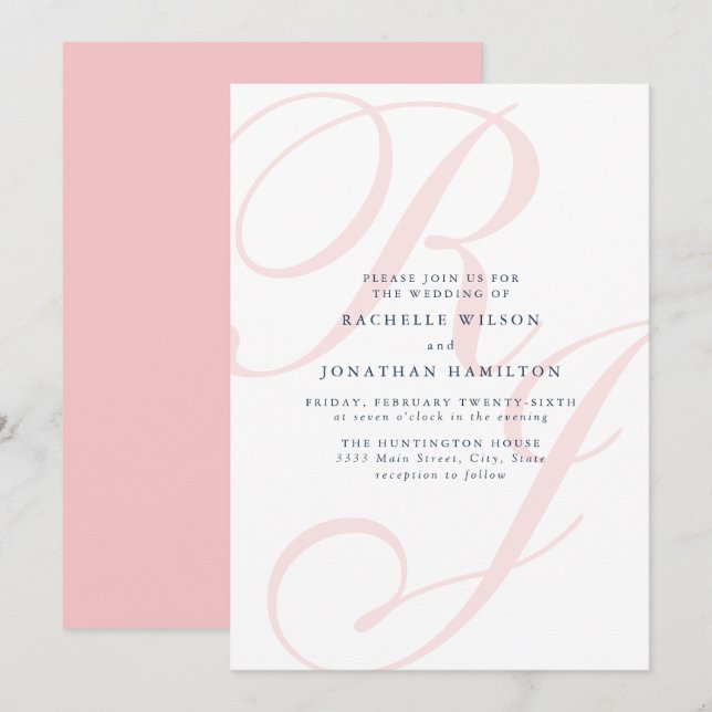 Invitation Élégant Mariage rose Monogramme minimal (Devant / Derrière)