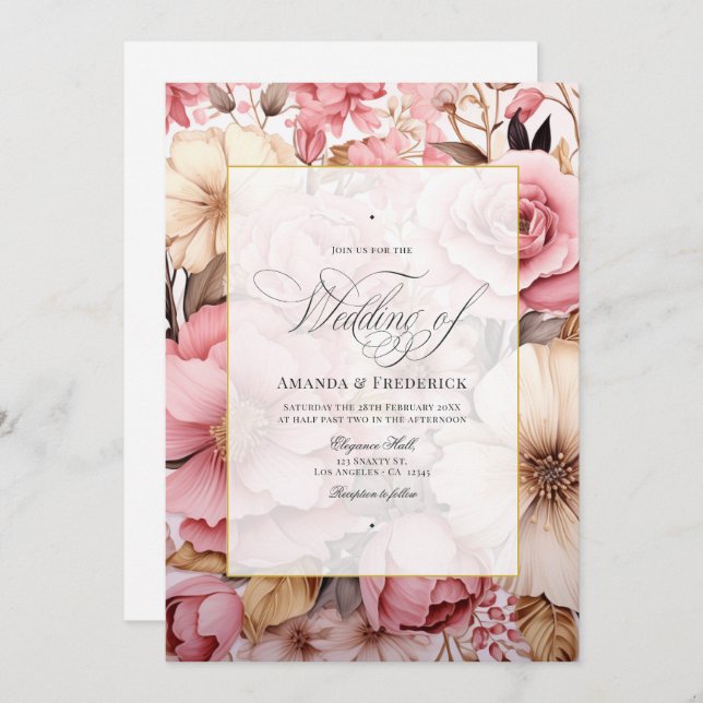 Invitation Élégant Mariage rose or (Devant / Derrière)