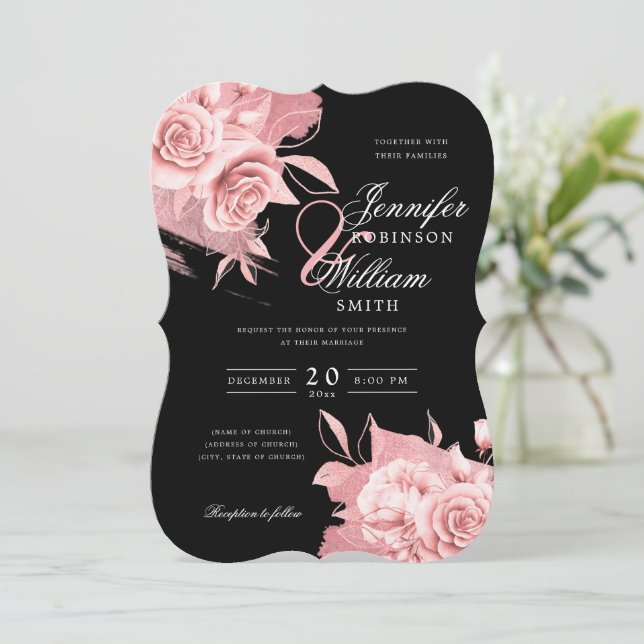 Invitation Elégant mariage Rose Or Floral & Foil Noir (Debout devant)