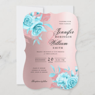 Invitation Elégant mariage Rose Or Floral & Foil Turquoise