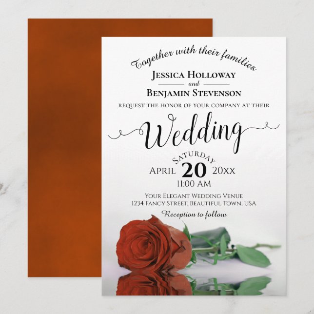 Invitation Élégant Mariage Rose orange de rouille à longue ti (Devant / Derrière)