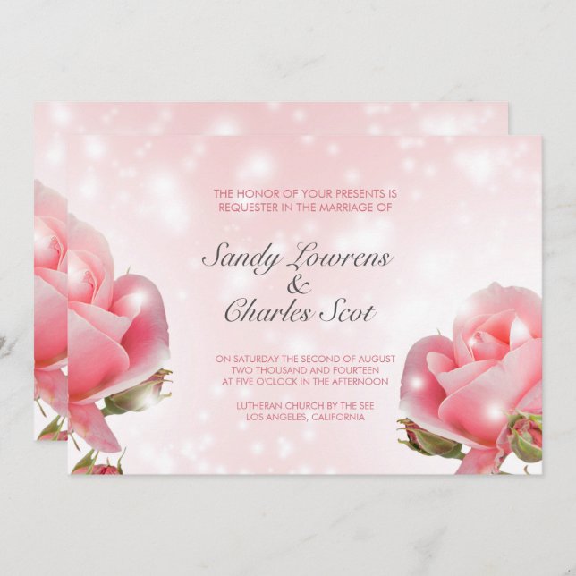 Invitation Élégant Mariage rose Roses (Devant / Derrière)