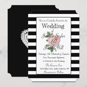 Invitation Élégant Mariage Rose Vintage noir et blanc