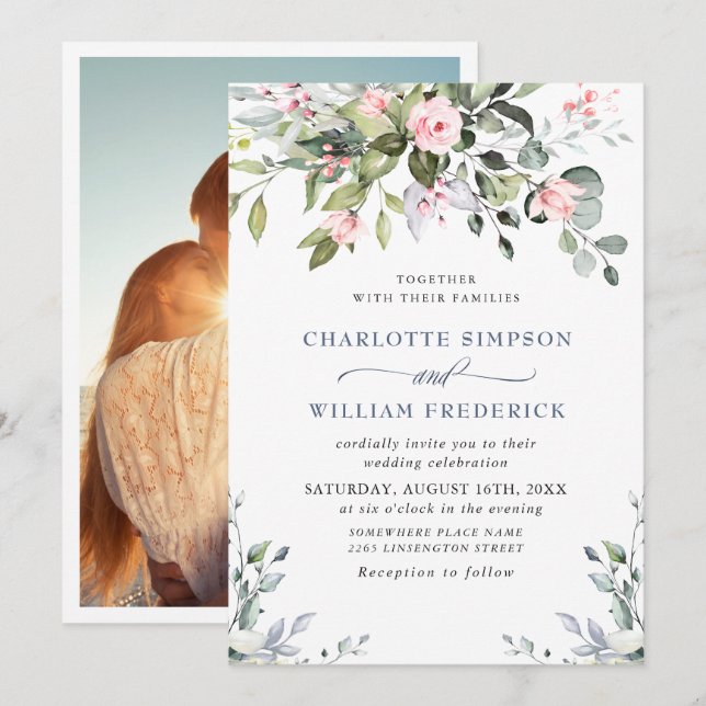 Invitation Élégant Mariage Roses Eucalyptus Blush (Devant / Derrière)